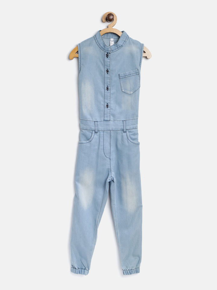 Girls Ice Blue Denim Washed Sleeveless Jumpsuit