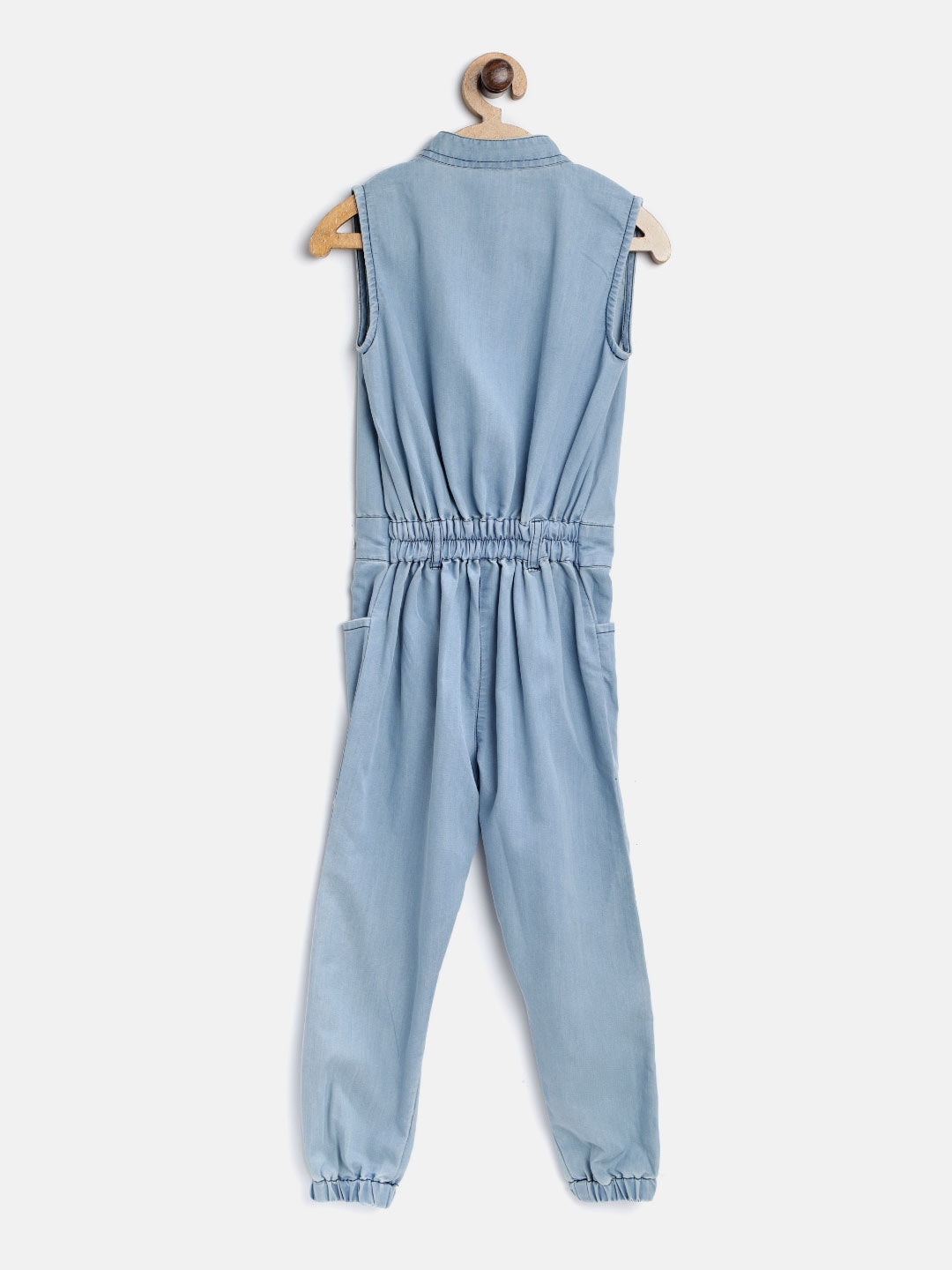 Girls Ice Blue Denim Washed Sleeveless Jumpsuit