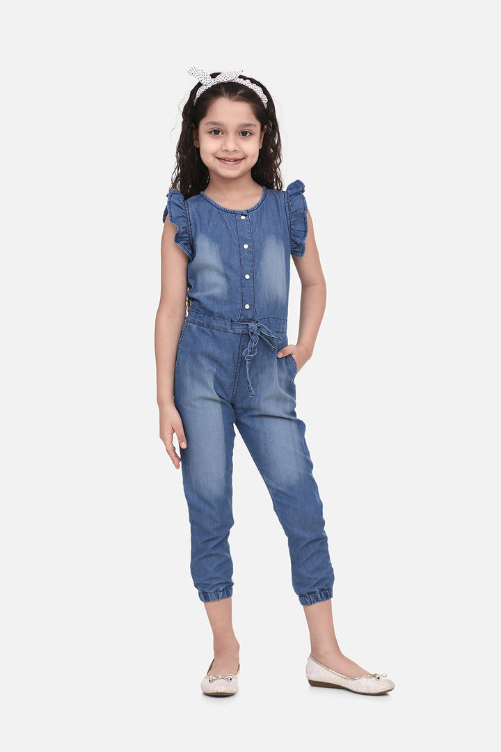 Girls Blue Denim Jumpsuit With Attached Belt