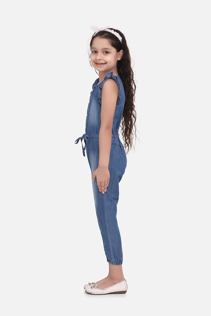 Girls Blue Denim Jumpsuit With Attached Belt