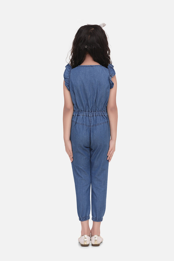 Girls Blue Denim Jumpsuit With Attached Belt