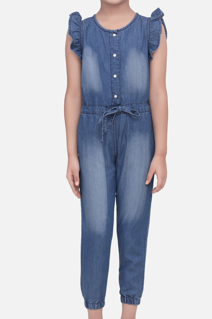 Girls Blue Denim Jumpsuit With Attached Belt