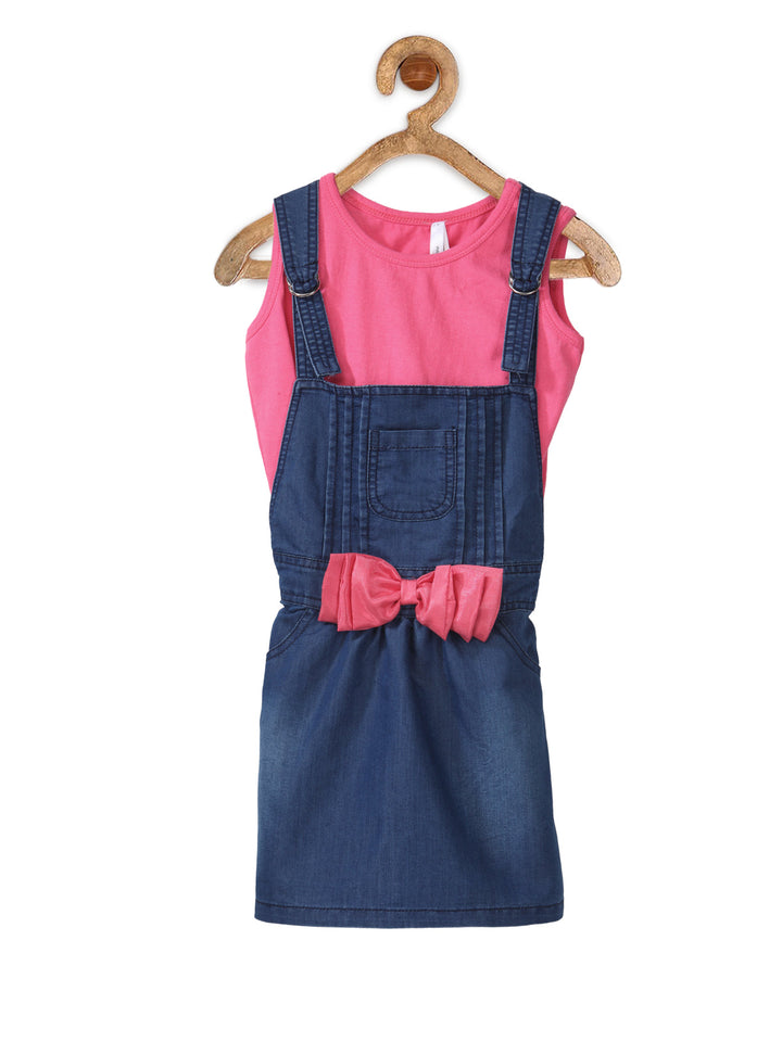 Girls Denim Pink Bow Dungaree Dress With Sleeveless Top