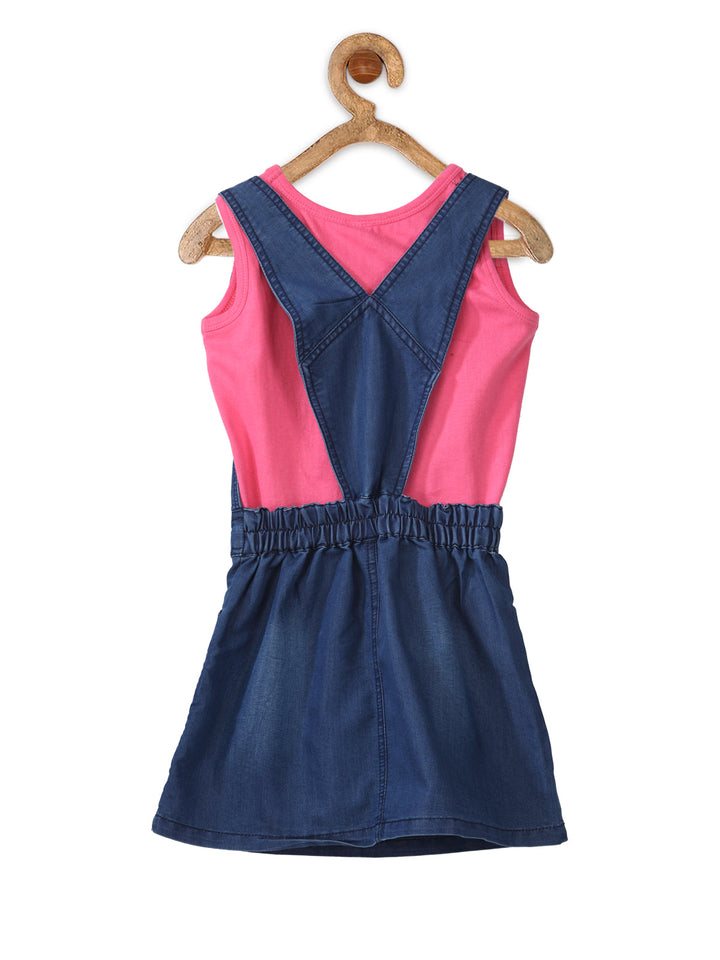 Girls Denim Pink Bow Dungaree Dress With Sleeveless Top