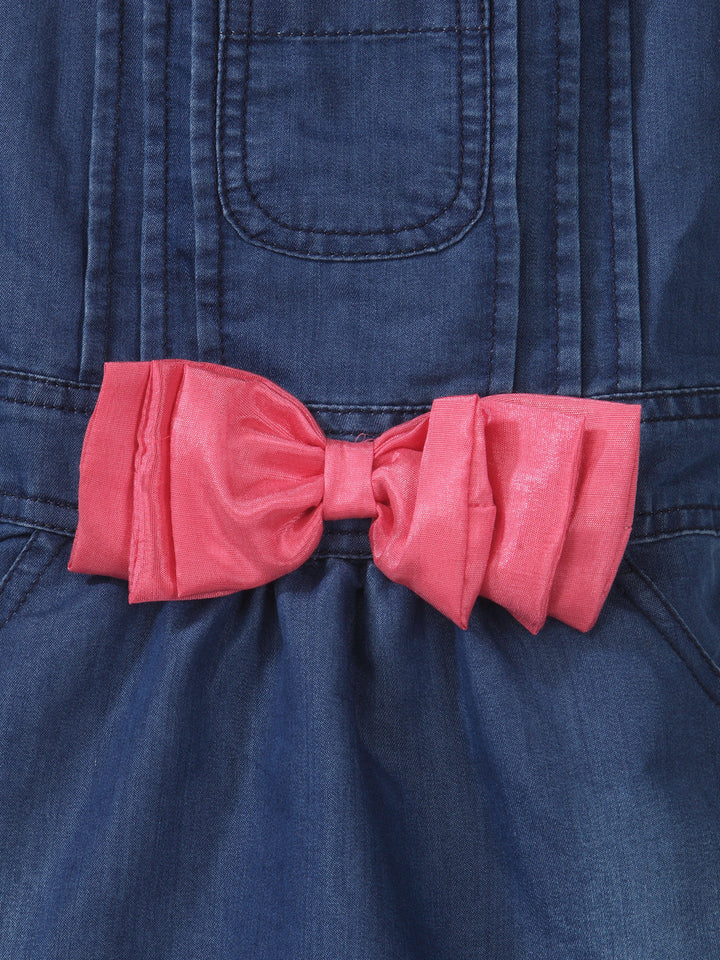 Girls Denim Pink Bow Dungaree Dress With Sleeveless Top