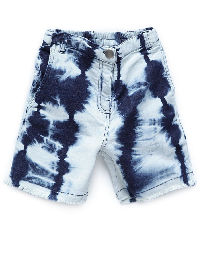 Girls Blue Denim Shorts With Tie-Dye Print