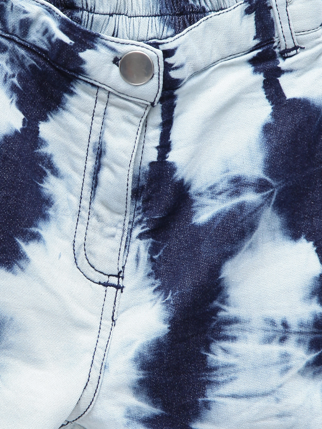 Girls Blue Denim Shorts With Tie-Dye Print