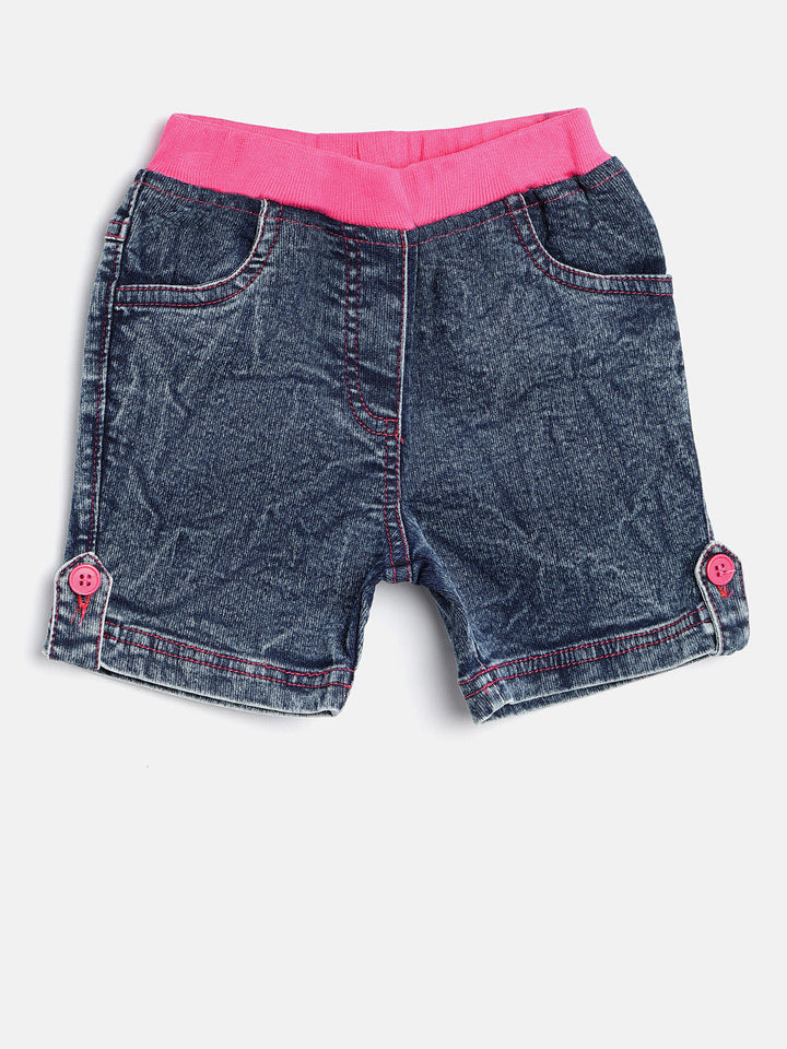 Girls Denim Shorts With Pink Waistband & Side Loop