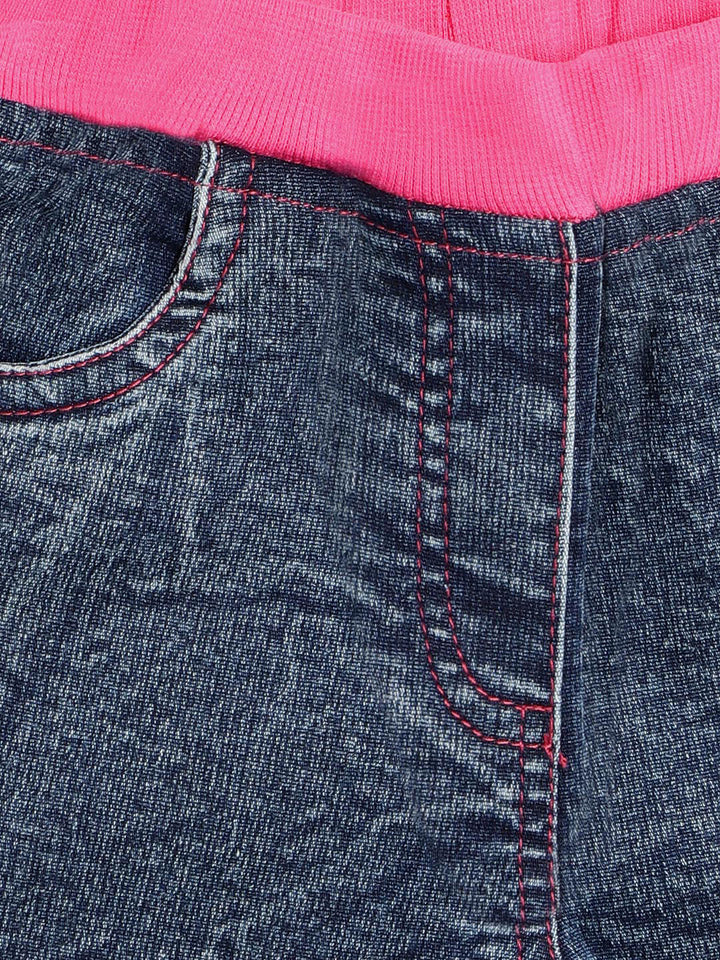 Girls Denim Shorts With Pink Waistband & Side Loop