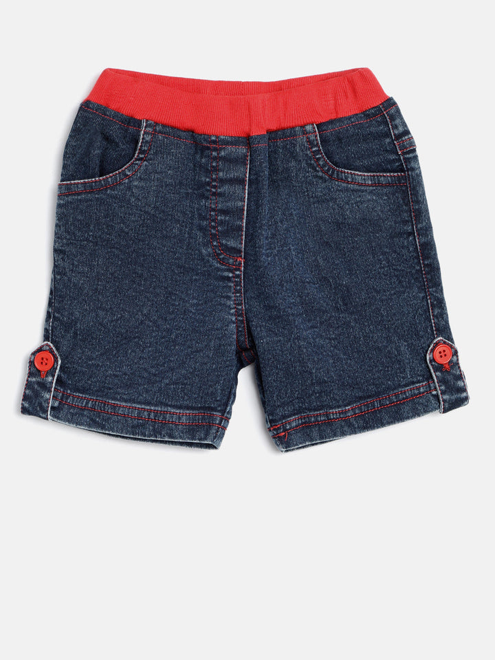 Girls Denim Shorts With Red Waistband & Side Loop