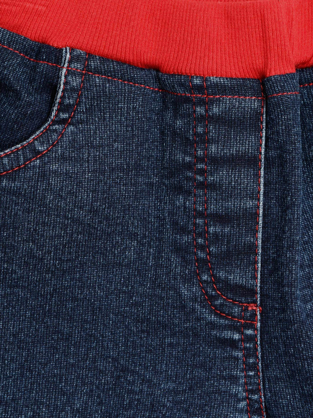 Girls Denim Shorts With Red Waistband & Side Loop