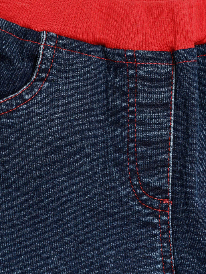 Girls Denim Shorts With Red Waistband & Side Loop