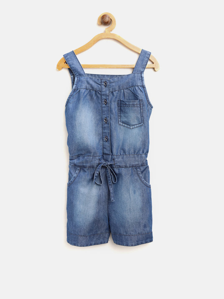 Girls Denim Strap Playsuit With Waist Drawstring
