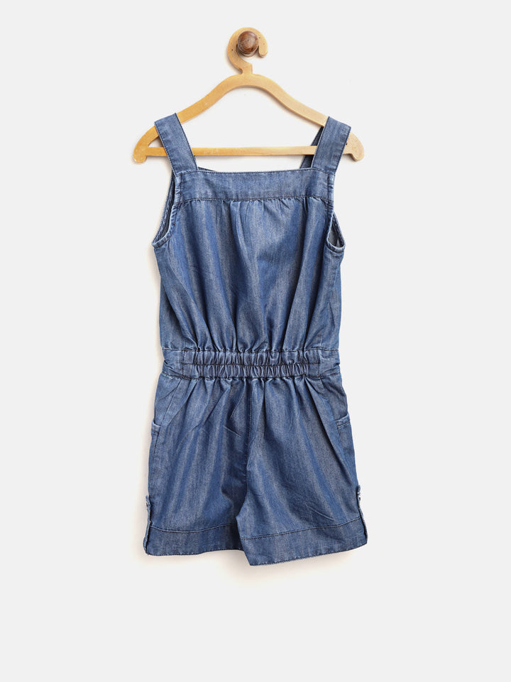 Girls Denim Strap Playsuit With Waist Drawstring