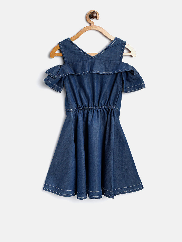 Girls Blue Denim Zip Cold Shoulder Dress