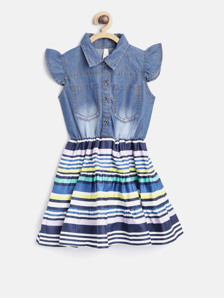 Girls Denim And Multi-Color Stripe Dress