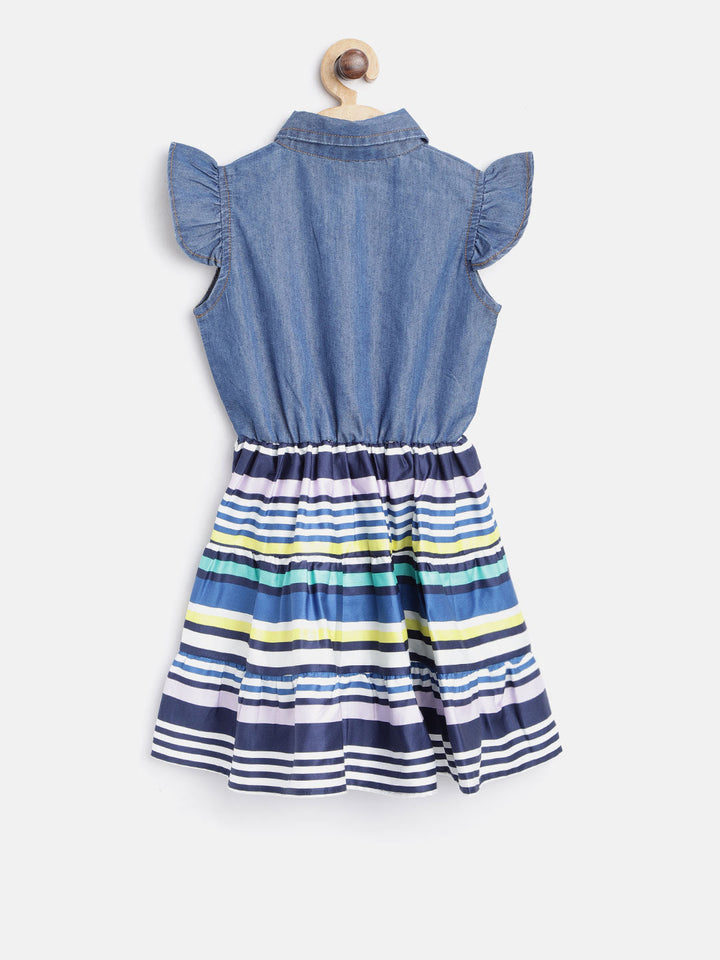 Girls Denim And Multi-Color Stripe Dress