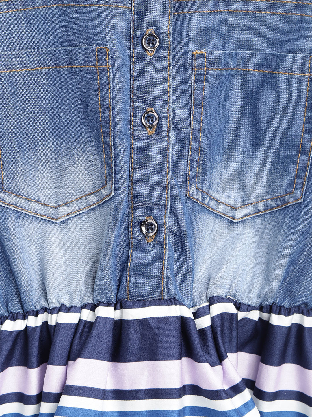Girls Denim And Multi-Color Stripe Dress