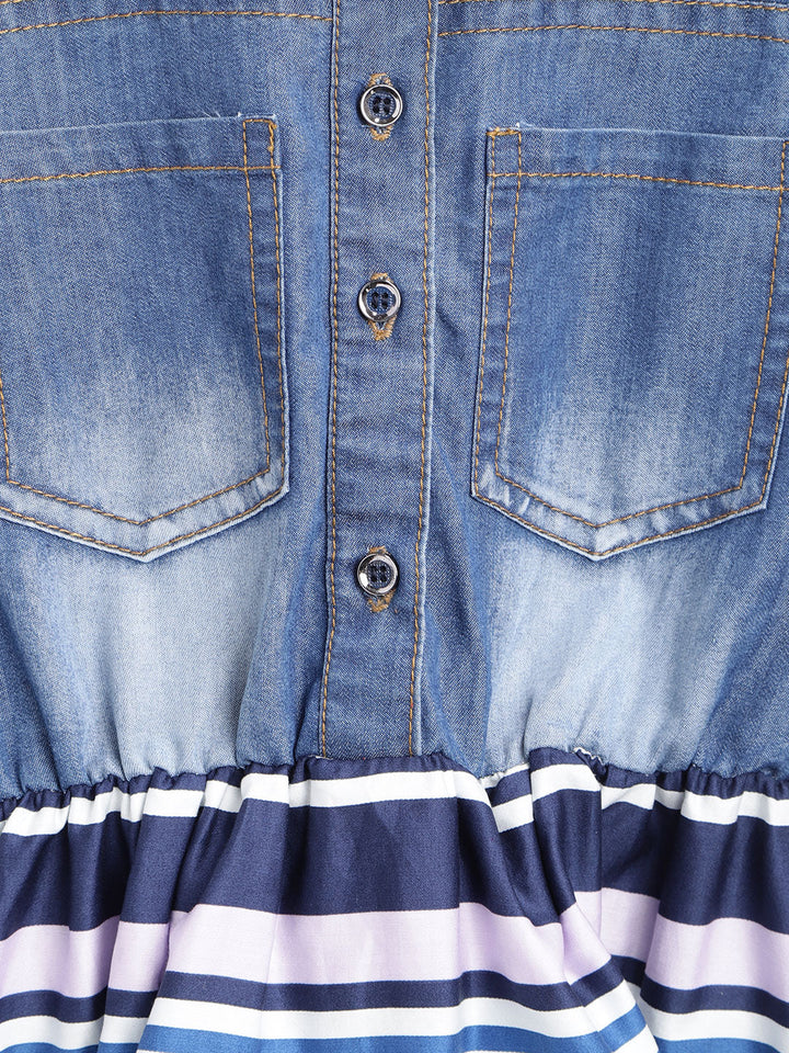 Girls Denim And Multi-Color Stripe Dress