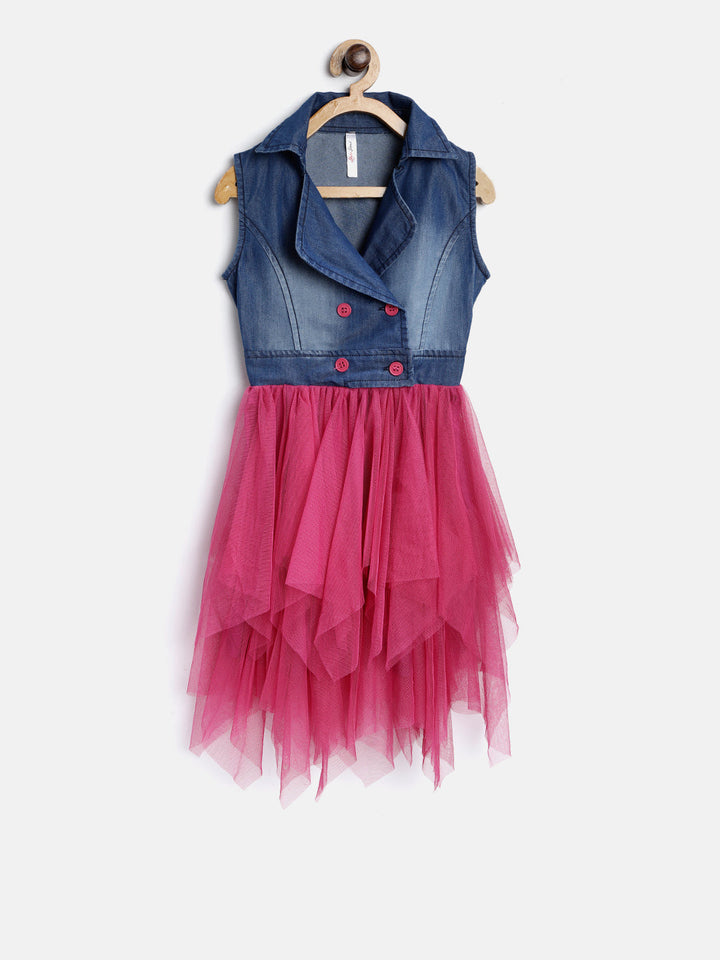 Girls Blue & Pink Polyester Netted Denim Dress