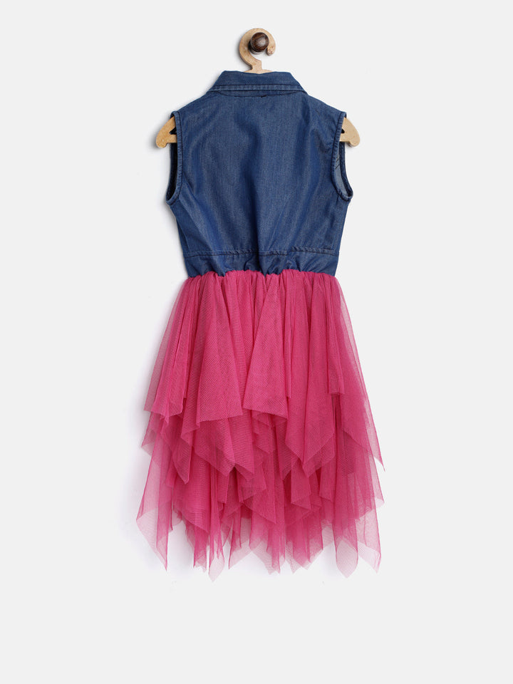 Girls Blue & Pink Polyester Netted Denim Dress