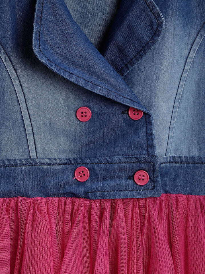 Girls Blue & Pink Polyester Netted Denim Dress