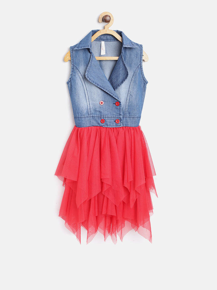 Girls Denim And Red Net Dress