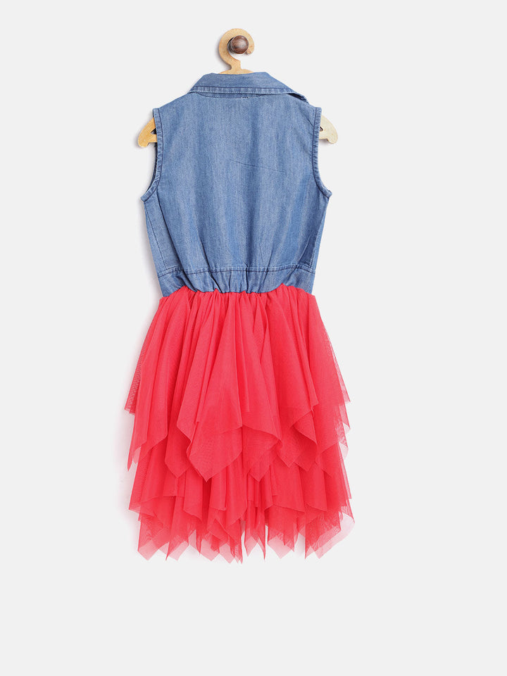 Girls Denim And Red Net Dress