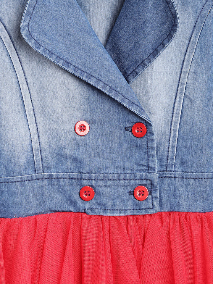 Girls Denim And Red Net Dress