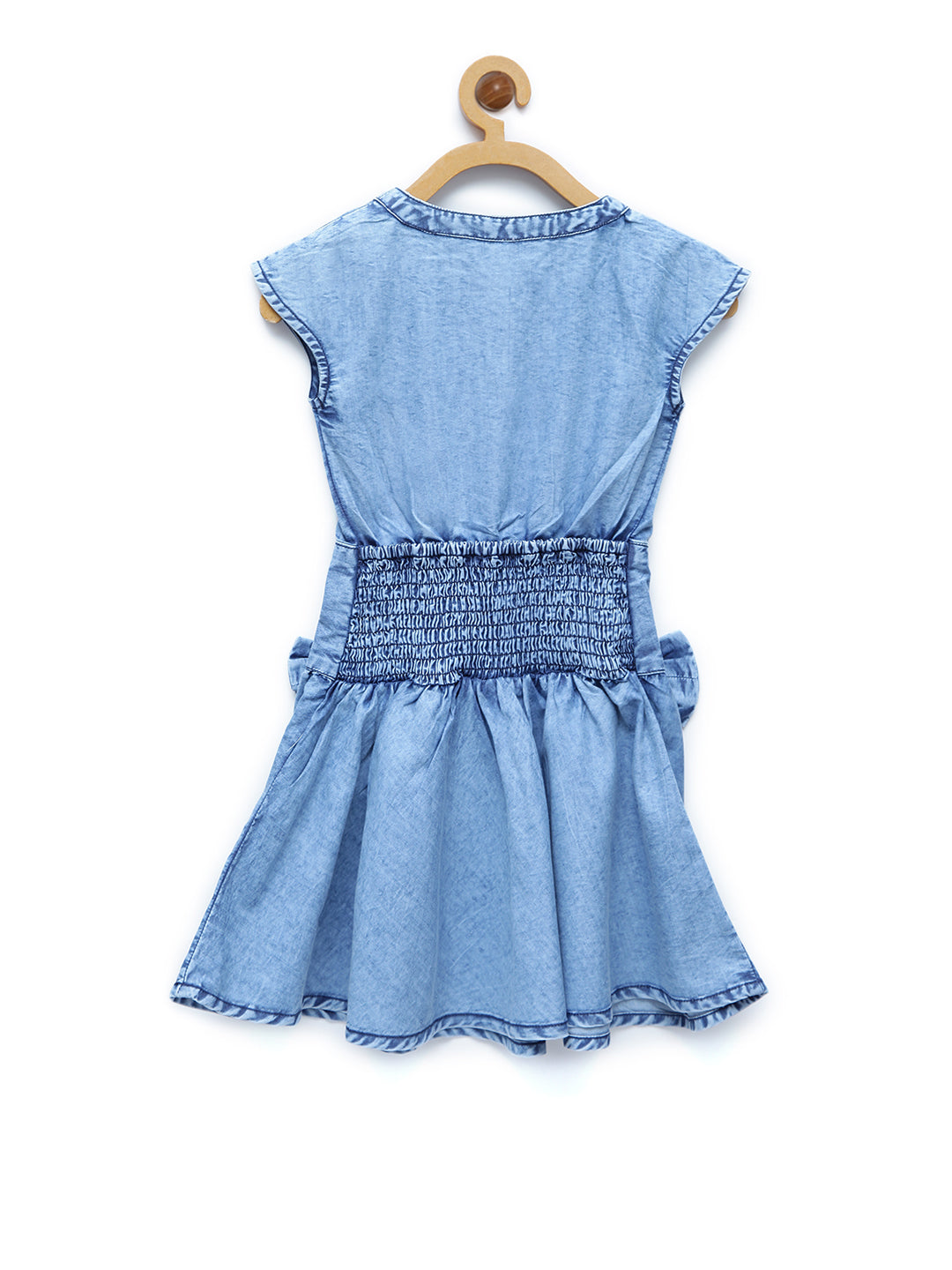 Girls Denim Blue Smocked Waist & Bow Dress