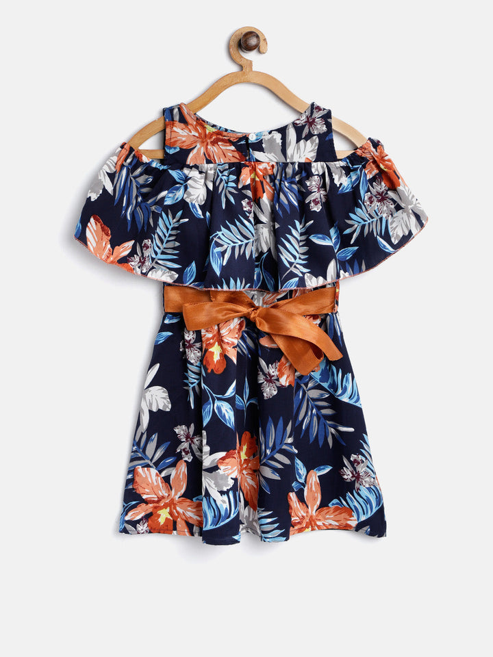 Girls Blue Crepe Floral Cold Shoulder Dress With Belt