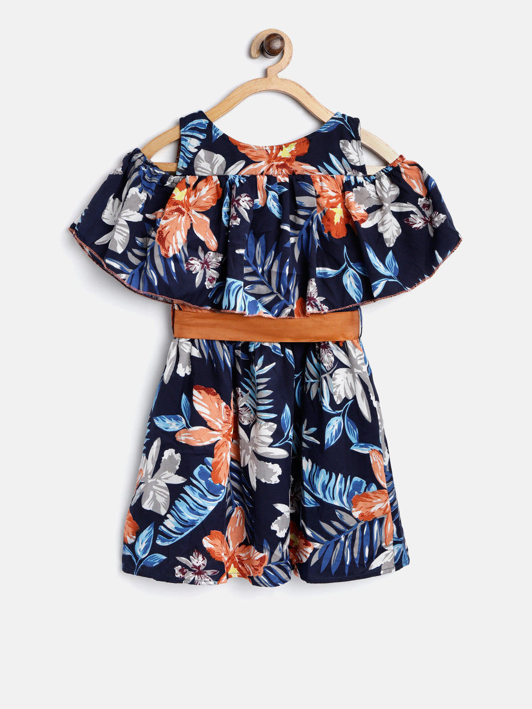 Girls Blue Crepe Floral Cold Shoulder Dress With Belt
