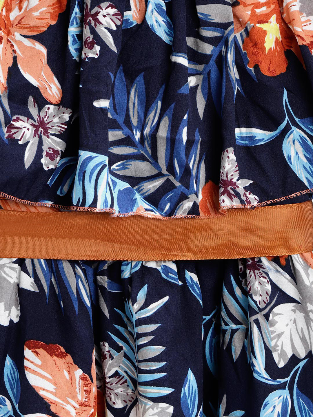 Girls Blue Crepe Floral Cold Shoulder Dress With Belt