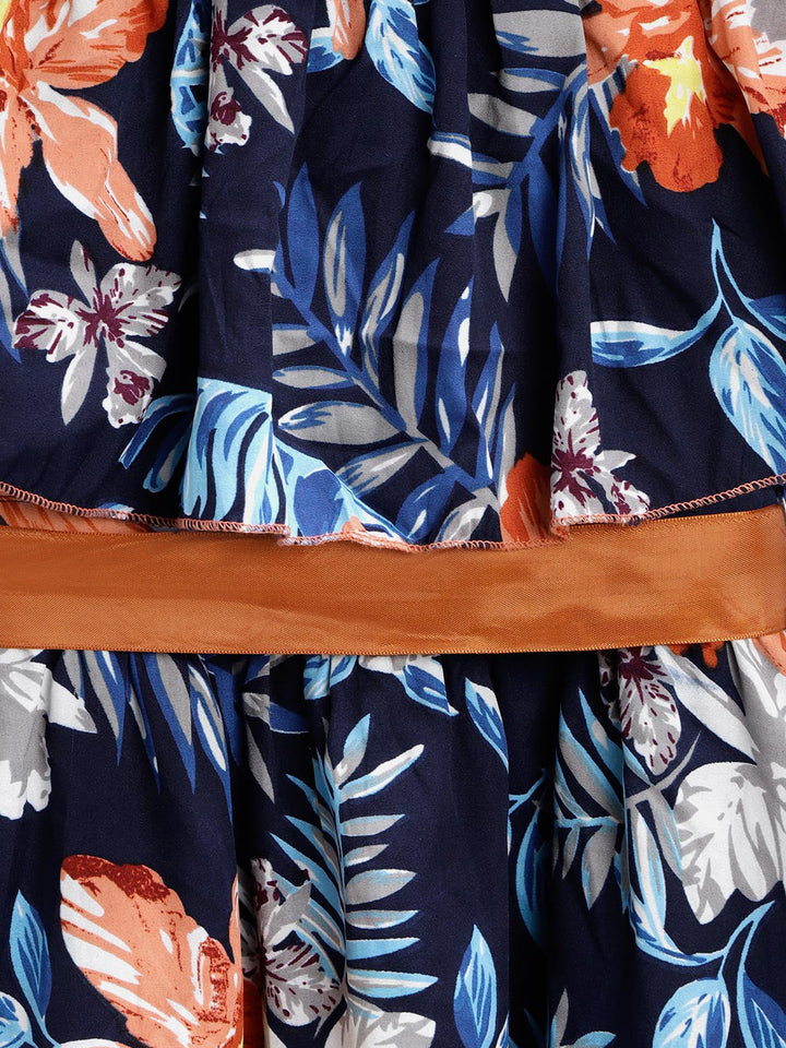 Girls Blue Crepe Floral Cold Shoulder Dress With Belt