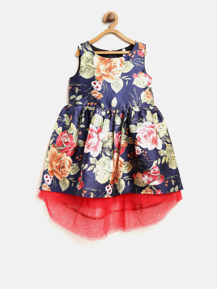 Girls Blue Polyester Floral High-Low Party Dress