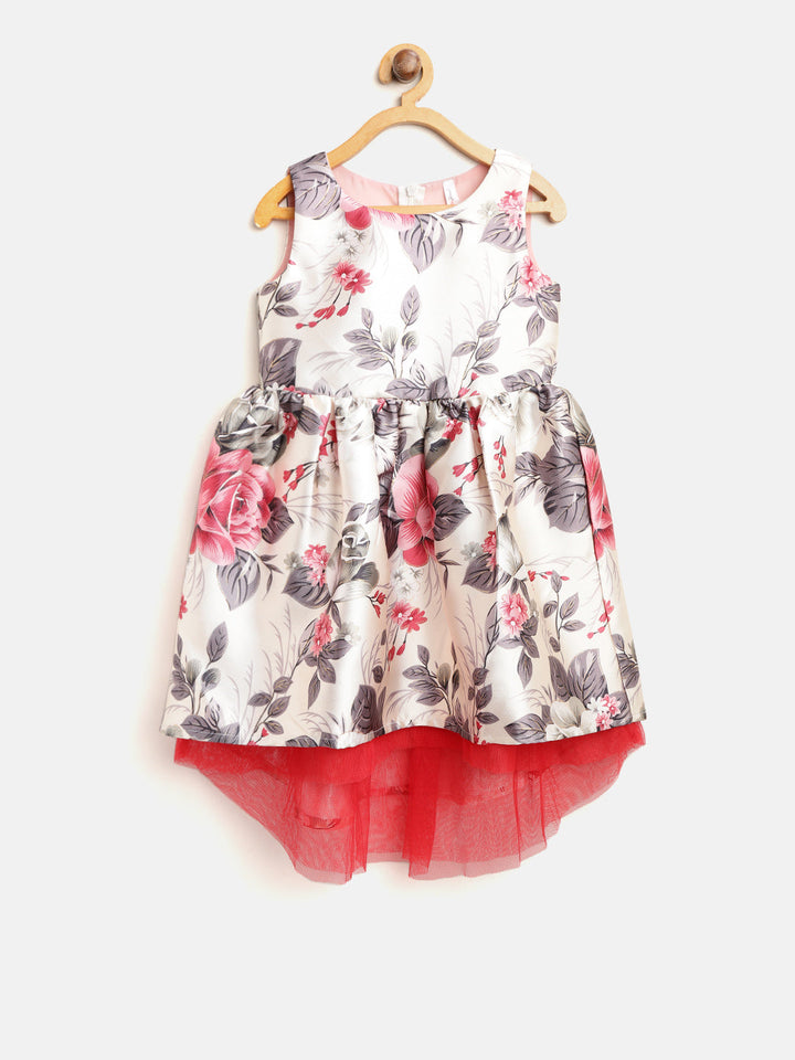 Girls Off-White Polyester Floral High-Low Party Dress