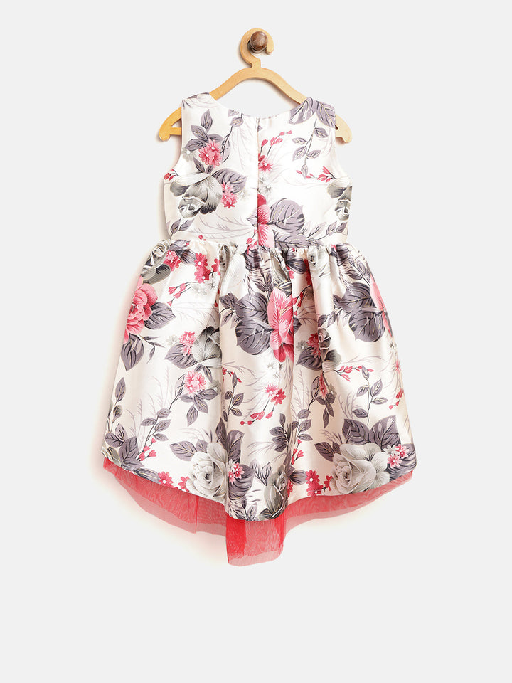 Girls Off-White Polyester Floral High-Low Party Dress