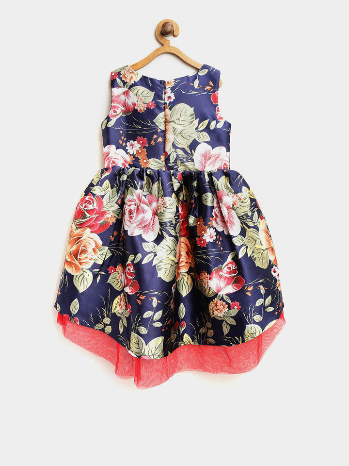 Girls Blue Polyester Floral High-Low Party Dress