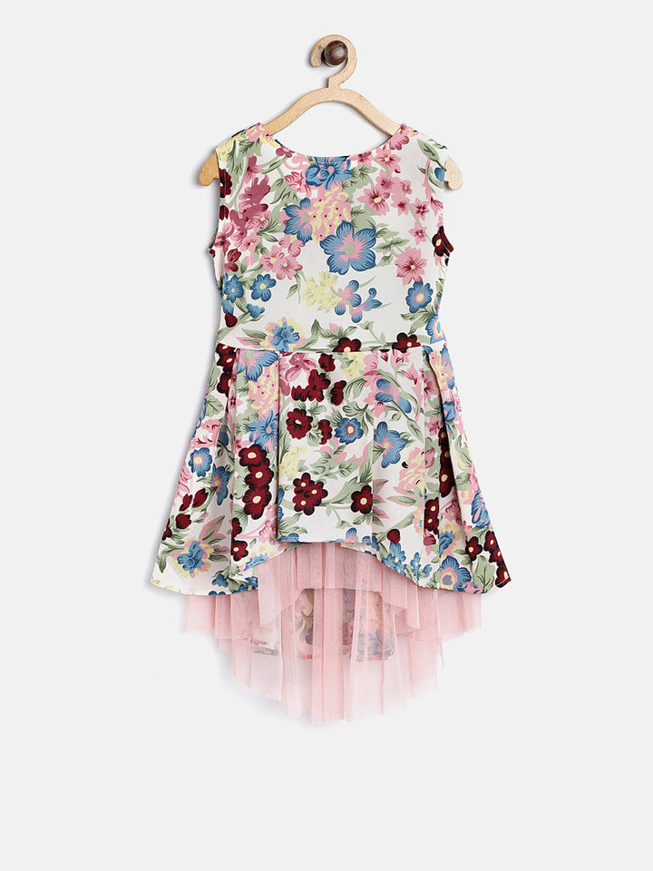 Girls Multicolor Crepe Floral Printed High-Low Dress