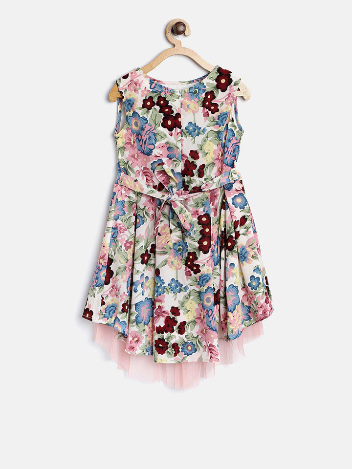Girls Multicolor Crepe Floral Printed High-Low Dress