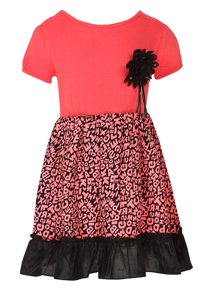 Girls Pink Polyester Crepe Alphabet Printed Dress