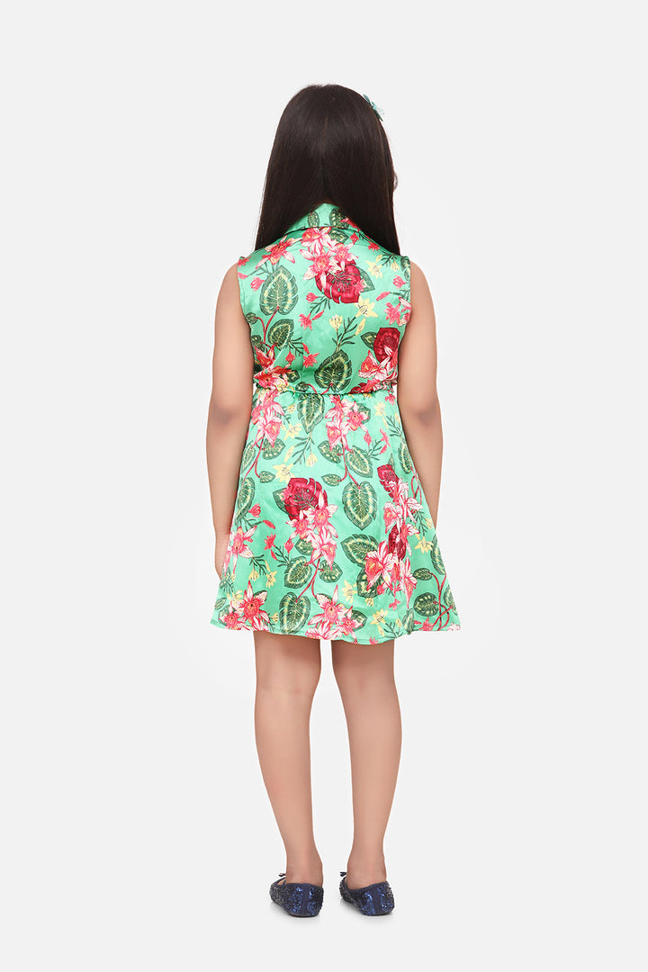 Girls Green Floral Satin Dress
