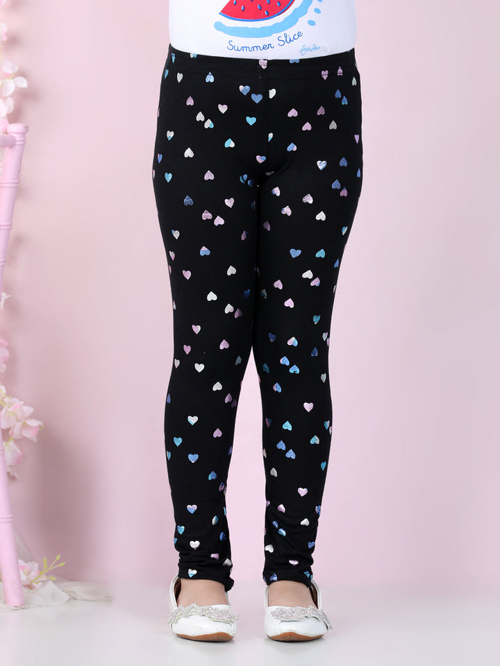 Girls Black Cotton Lycra Heart Foil Printed Leggings