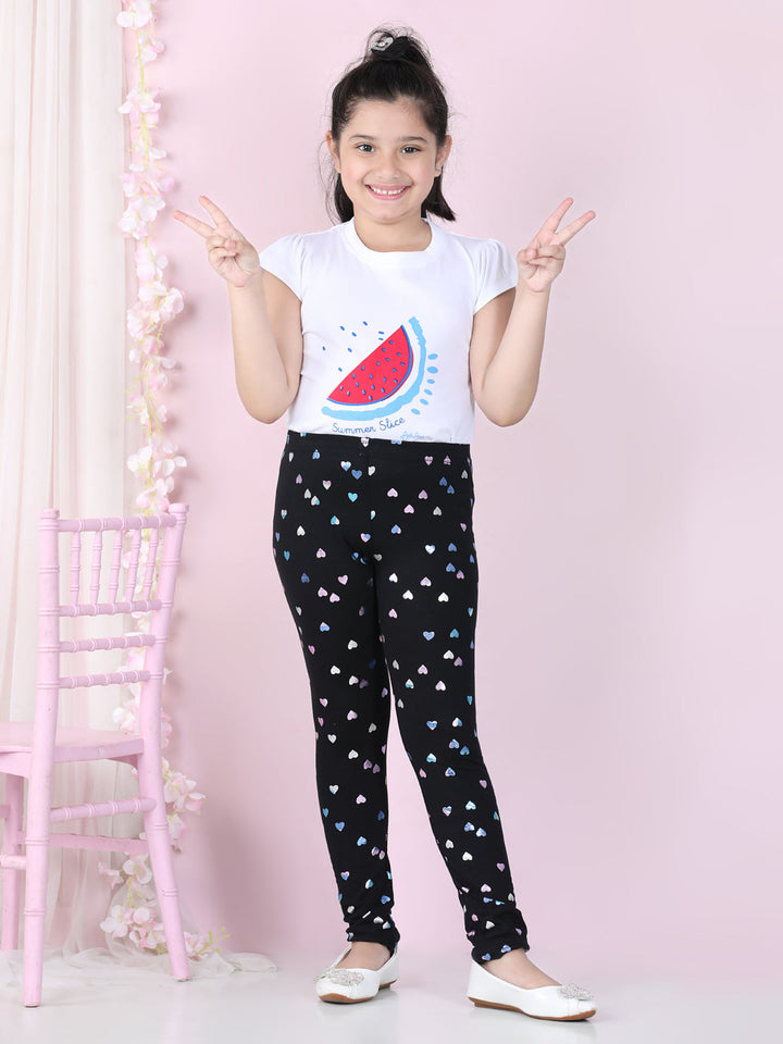 Girls Black Cotton Lycra Heart Foil Printed Leggings