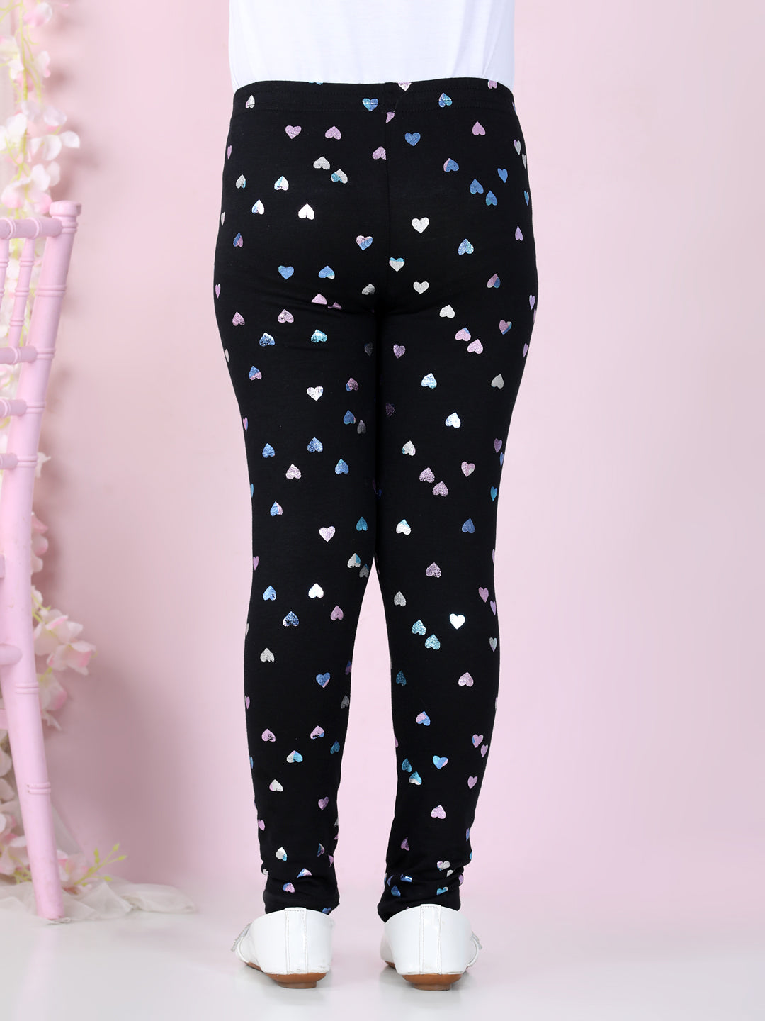 Girls Black Cotton Lycra Heart Foil Printed Leggings