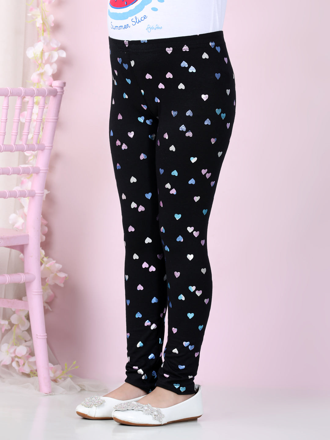 Girls Black Cotton Lycra Heart Foil Printed Leggings