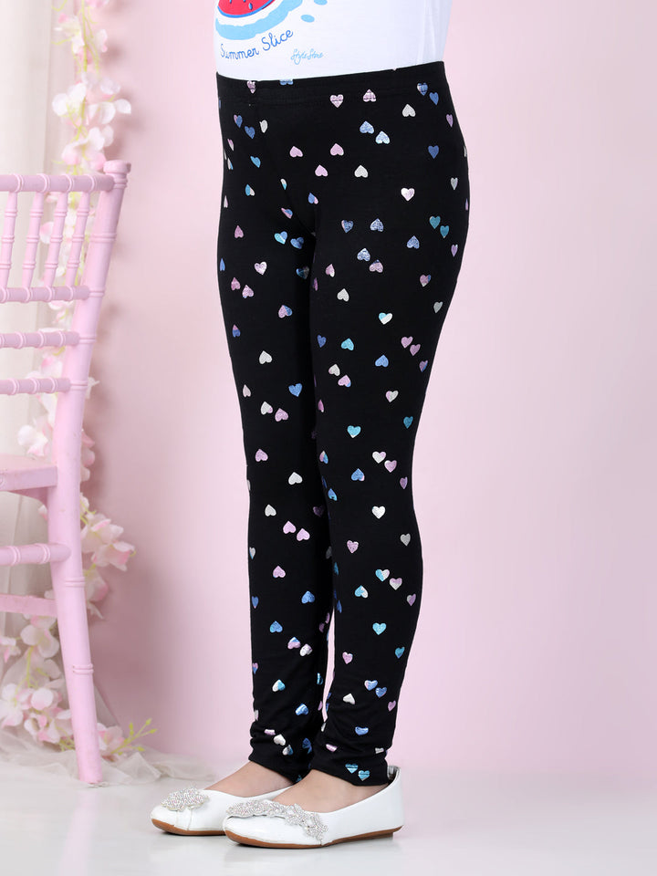 Girls Black Cotton Lycra Heart Foil Printed Leggings