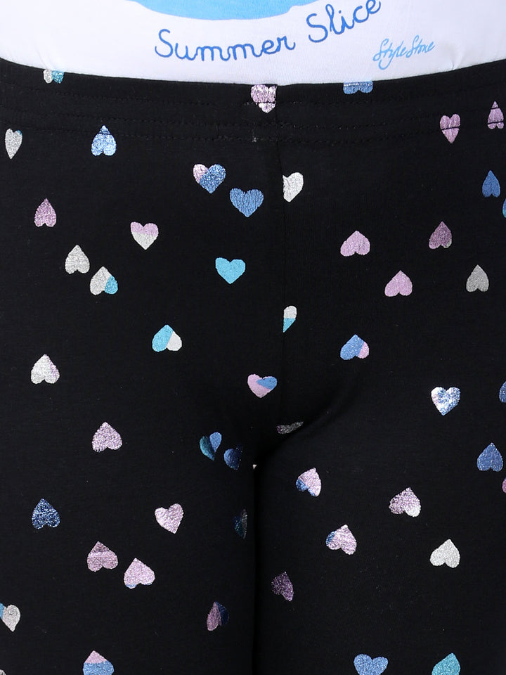 Girls Black Cotton Lycra Heart Foil Printed Leggings