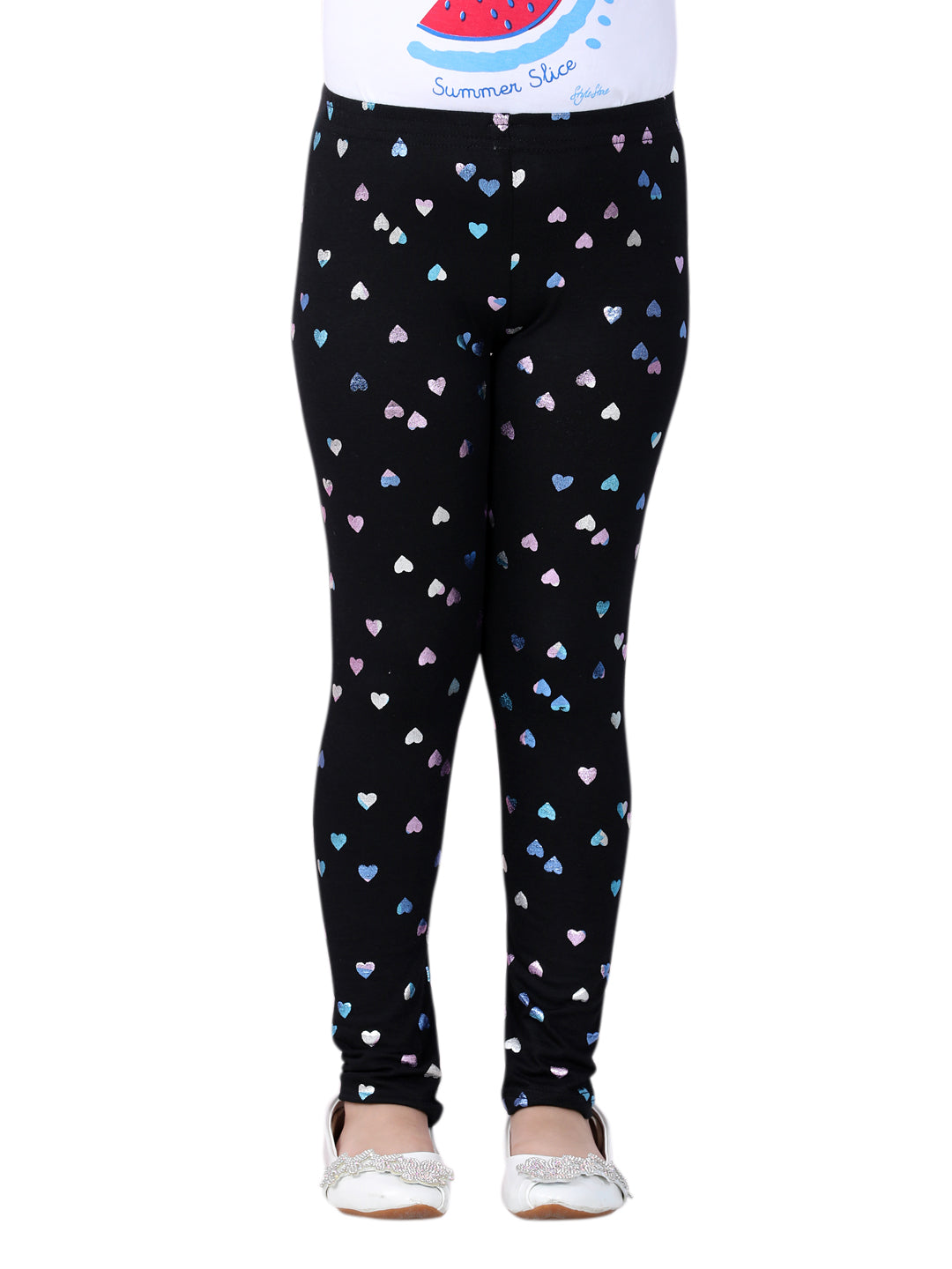 Girls Black Cotton Lycra Heart Foil Printed Leggings