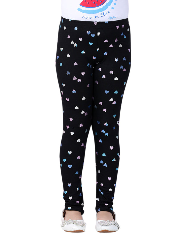 Girls Black Cotton Lycra Heart Foil Printed Leggings